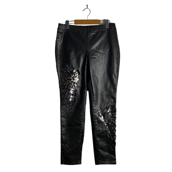 Venus Women's Black Faux Leather Sequin Wing Stretch Tapered Leg Pants - Picture 2 of 11